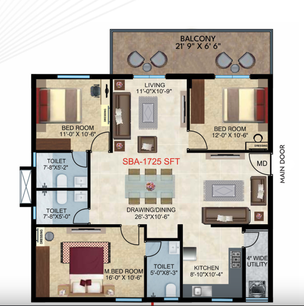 Home Town Heights 3 BHK 1725 SFT East facing floor plan