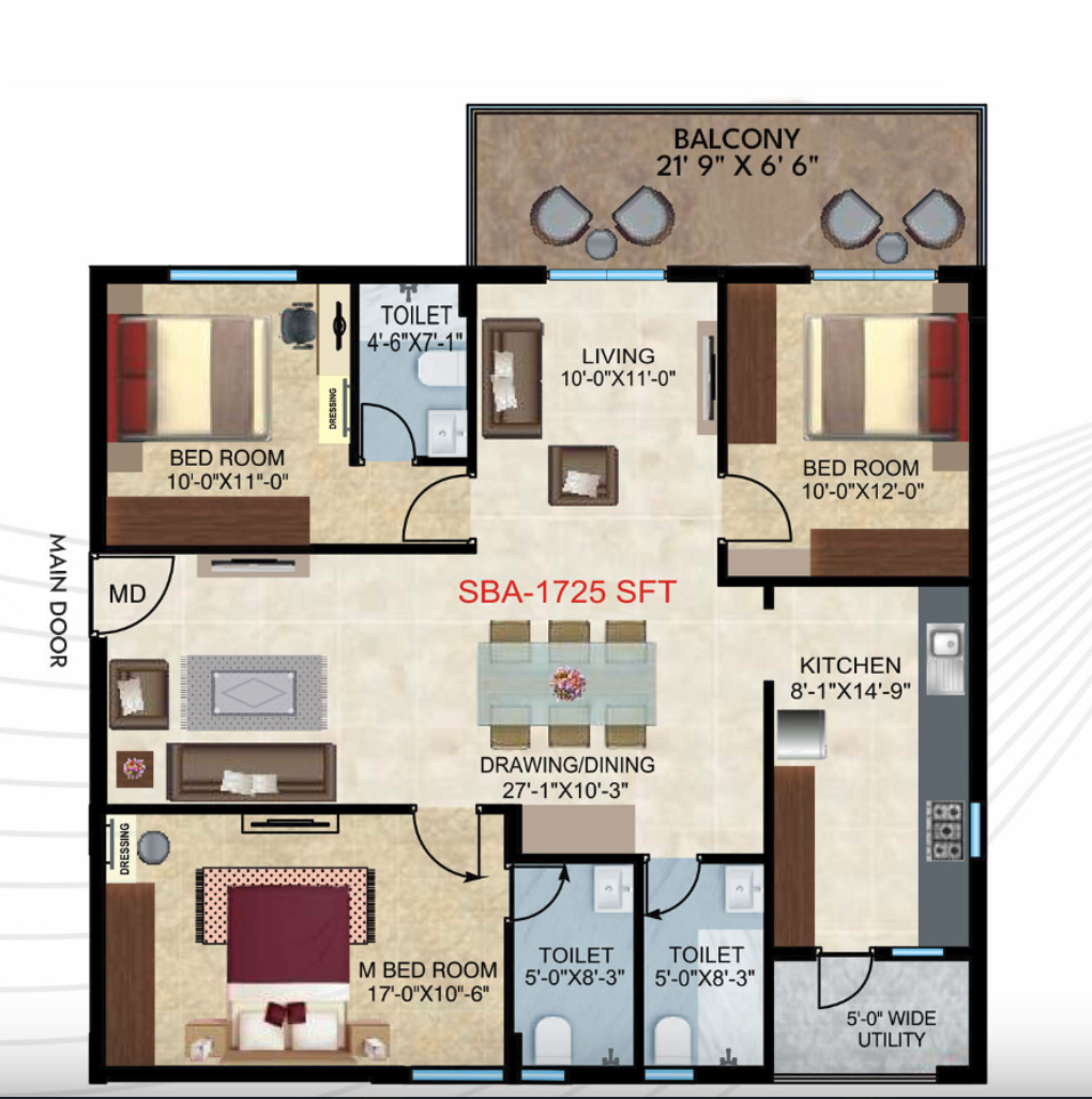 Home Town Heights 3 BHK 1725 SFT West facing floor plan