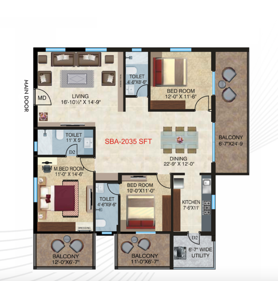 Home Town Heights 3 BHK 2035 SFT West facing floor plan