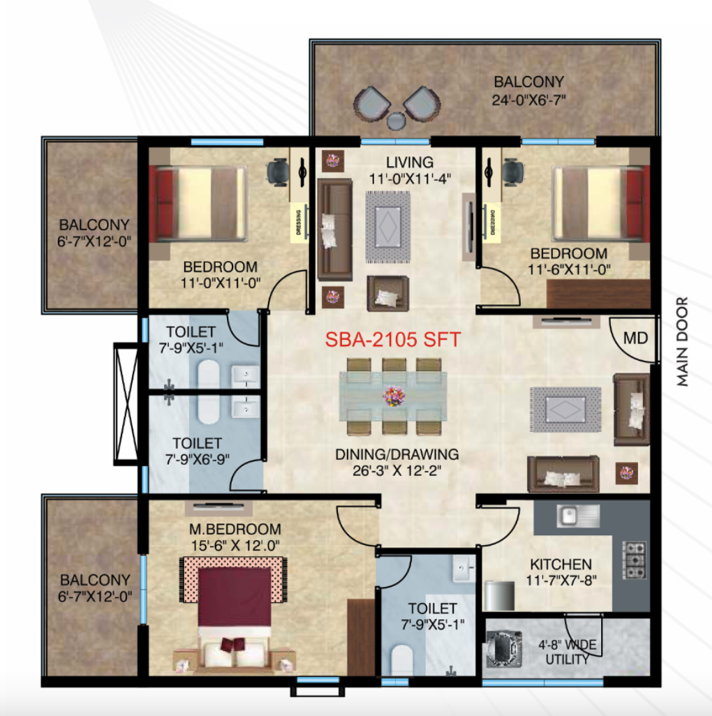 Home Town Heights 3 BHK 2080 SFT East facing floor plan