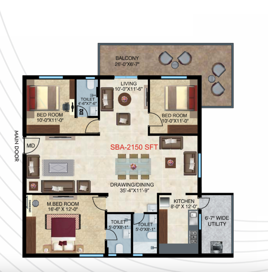 Home Town Heights 3 BHK 2150 SFT West facing floor plan